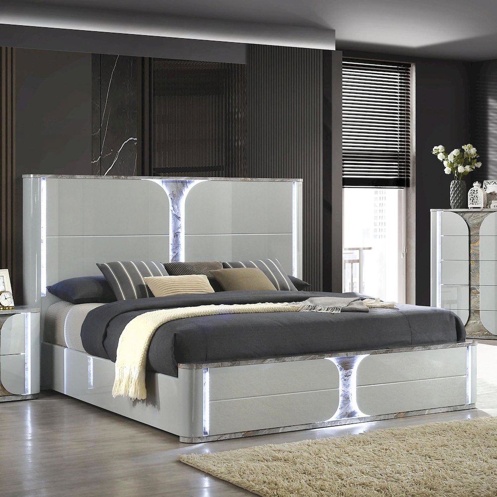 Agena Modern Solid Wood Platform Bed with LED in Light Gray. Picture 4