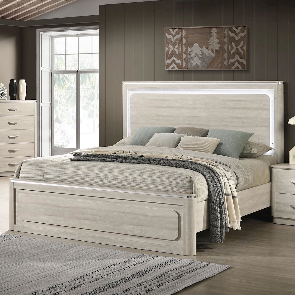 Ventur Modern Wood Panel Bed with LED in Dusty Gray. Picture 4