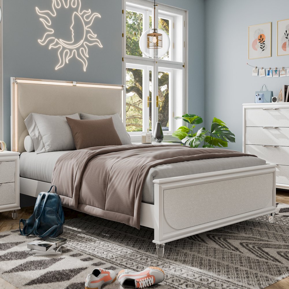 Glosan Modern Pearl White Wood Kids Platform Bed with LED. Picture 4