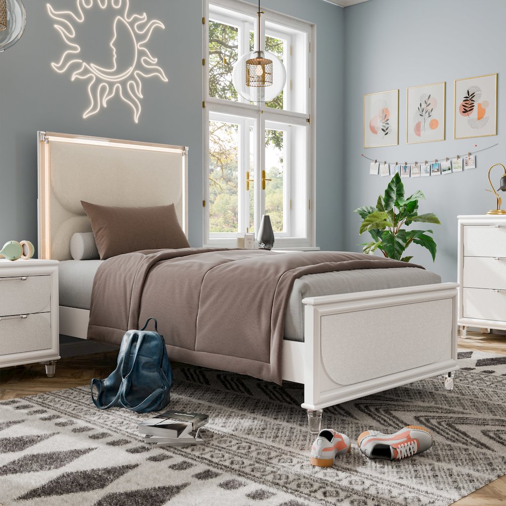Glosan Modern Pearl White Wood Kids Platform Bed with LED. Picture 4