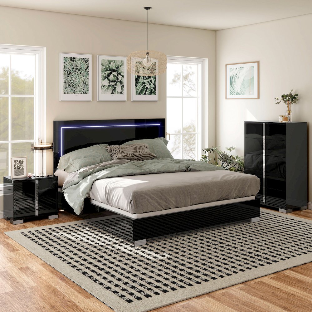 Jiar Modern 3-Piece Panel Bedroom Set with LED on Headboard. Picture 4