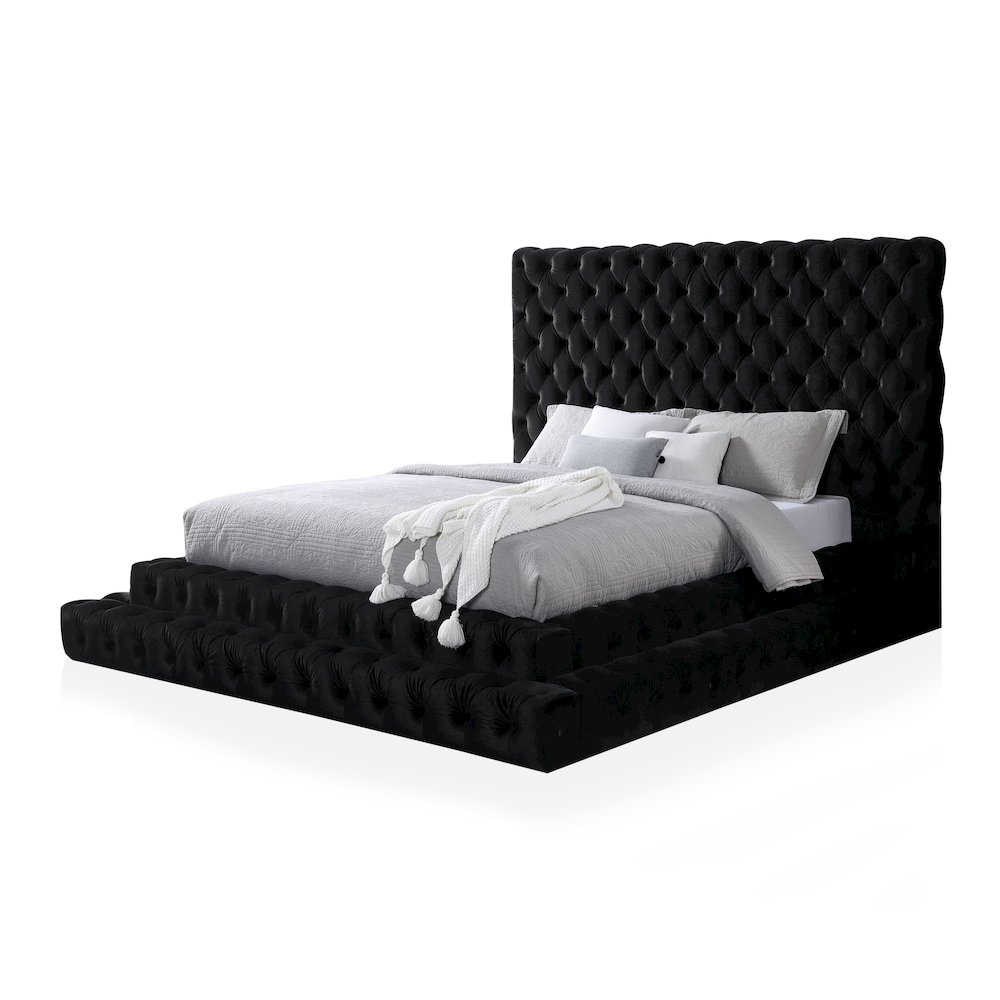 Biron Glam Fabric Tufted Platform King Bed in Black. Picture 1