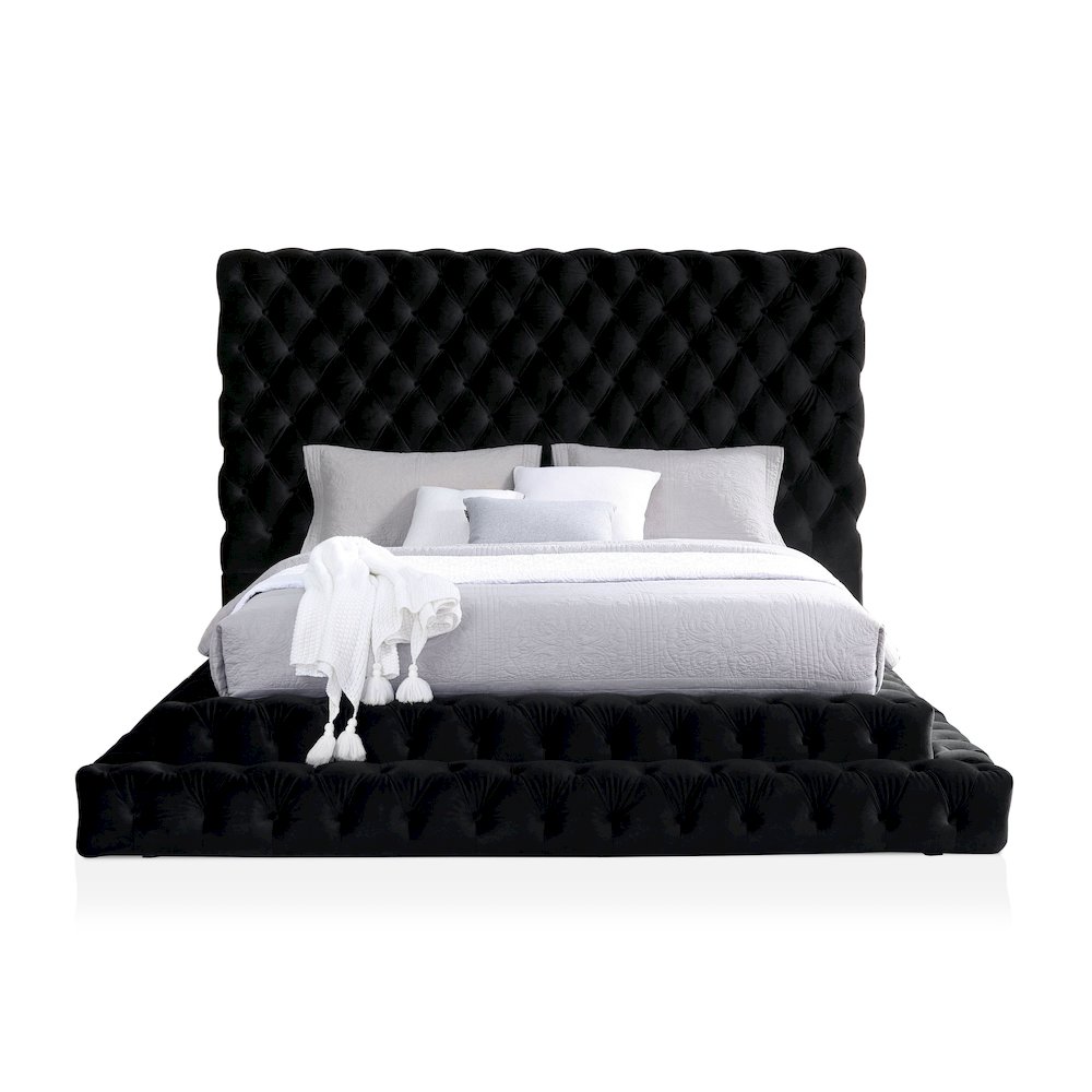 Biron Glam Fabric Tufted Platform King Bed in Black. Picture 2