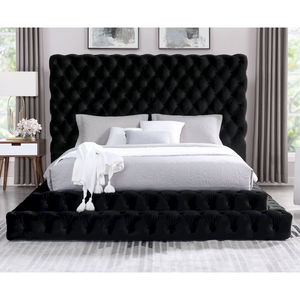 Biron Glam Fabric Tufted Platform King Bed in Black. Picture 3