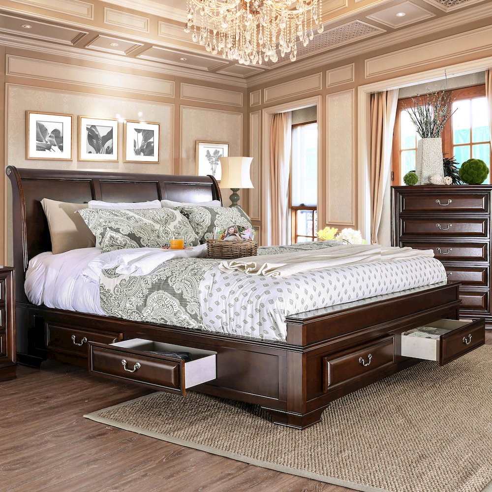 Bradford Solid Wood King Storage Platform Bed in Brown Cherry. Picture 2
