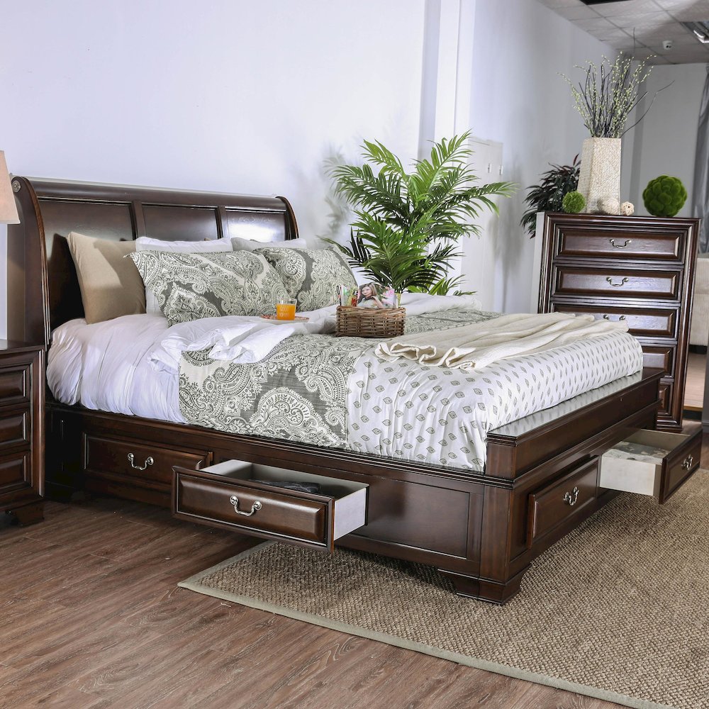 Bradford Solid Wood King Storage Platform Bed in Brown Cherry. Picture 3