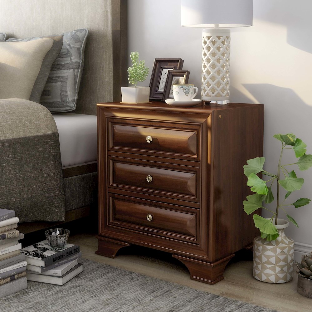 Bradford Solid Wood 3-Drawer Nightstand in Brown Cherry. Picture 4