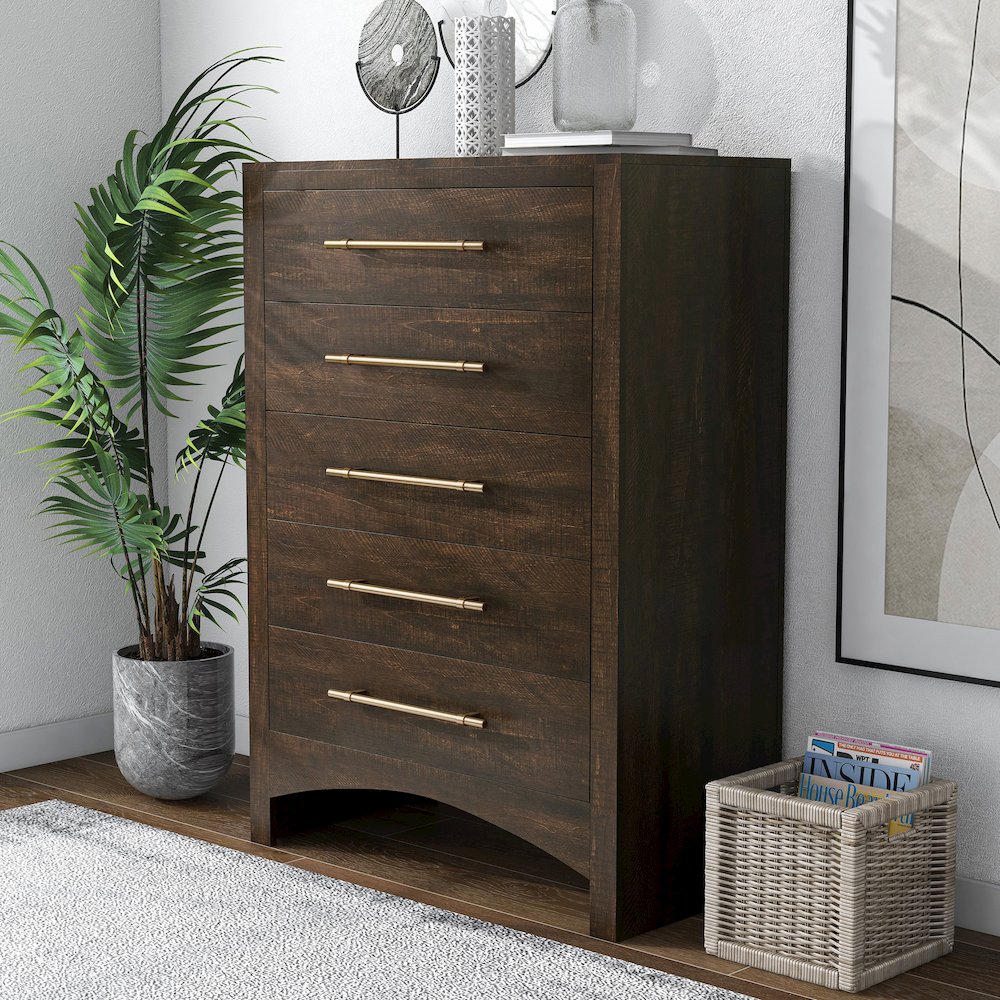 Irvine Contemporary Wood 5-Drawer Chest in Walnut. Picture 4