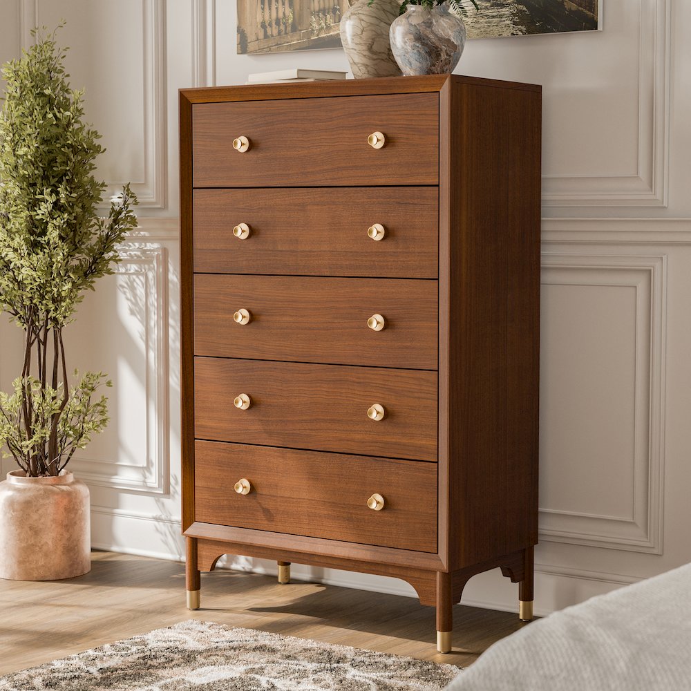 Oberlander Wood 5-Drawer Chest in Walnut. Picture 4