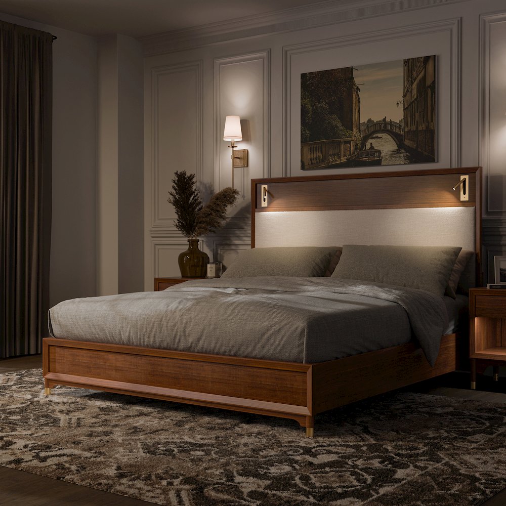 Oberlander Walnut Platform Bed with LED Boucle Headboard. Picture 4