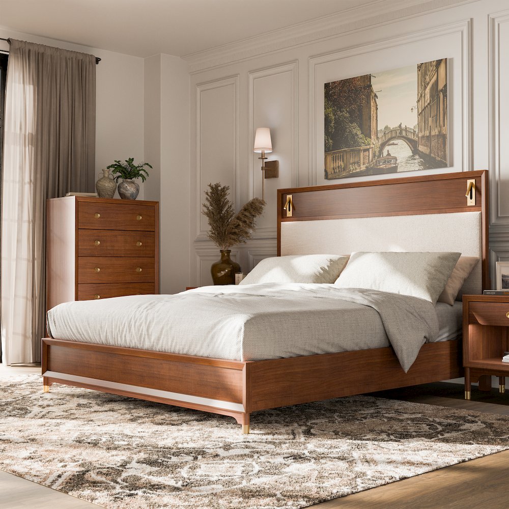 Oberlander Walnut Platform Bed with LED Boucle Headboard. Picture 5