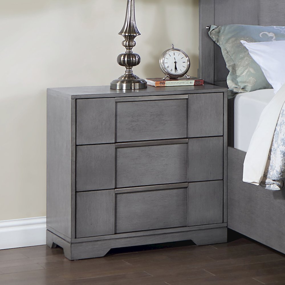 Soya 3-Drawer Grey Solid Wood Nightstand with Nickel Pulls. Picture 2