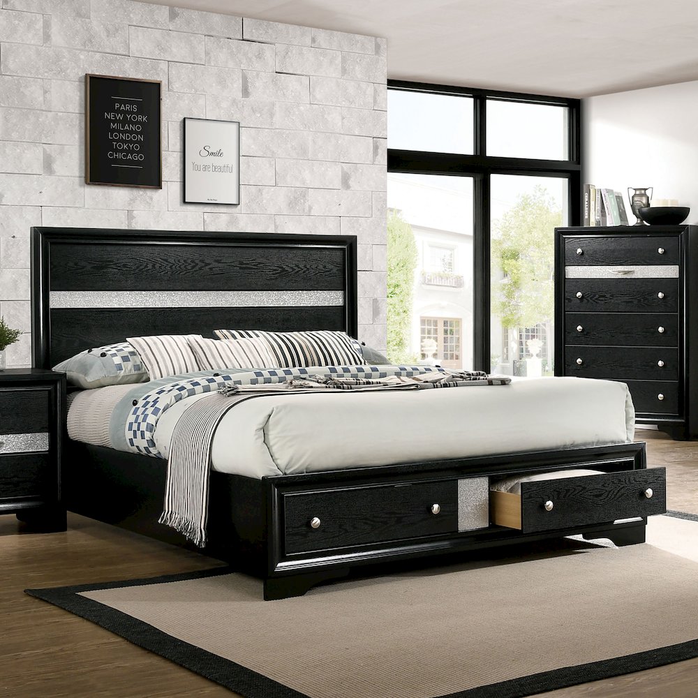 Dierks Solid Wood Queen Platform Bed with Drawers, Black. Picture 2