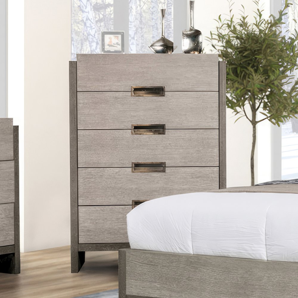 Yasgard 5-Drawer Solid Wood Chest in Gray. Picture 4