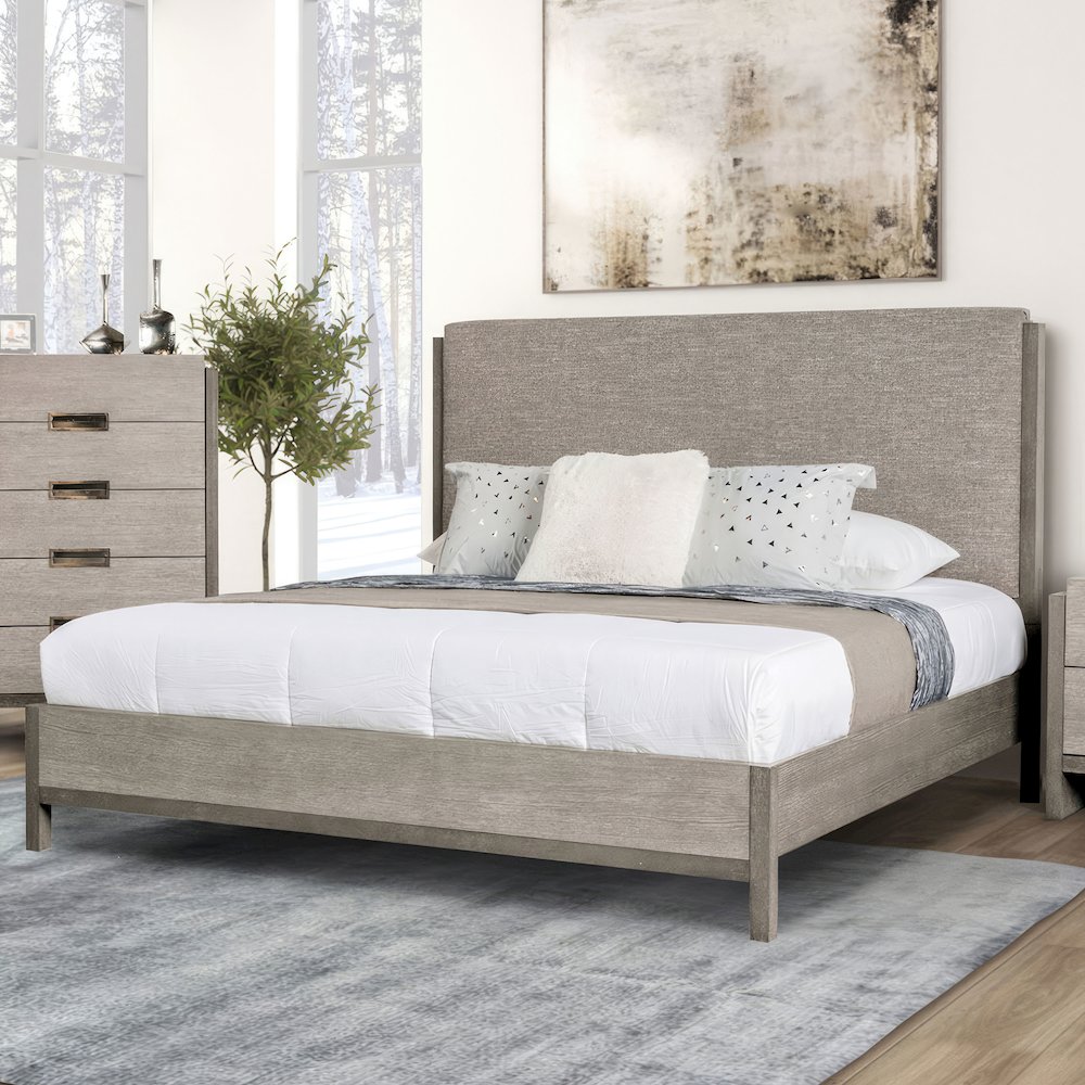 Yasgard Solid Wood Panel Bed with Padded Headboard in Gray. Picture 4
