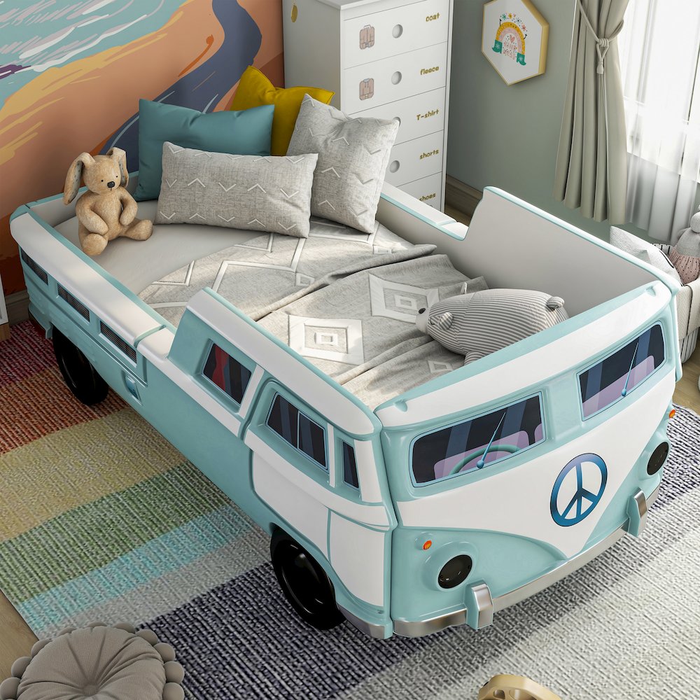 Shelline Novelty Peace Bus Wood Twin Kids Bed with LED. Picture 4