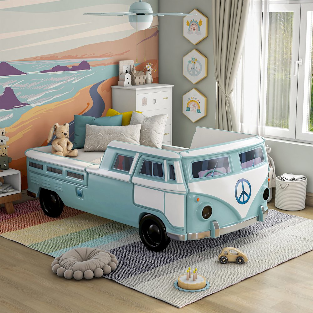 Shelline Novelty Peace Bus Wood Twin Kids Bed with LED. Picture 5