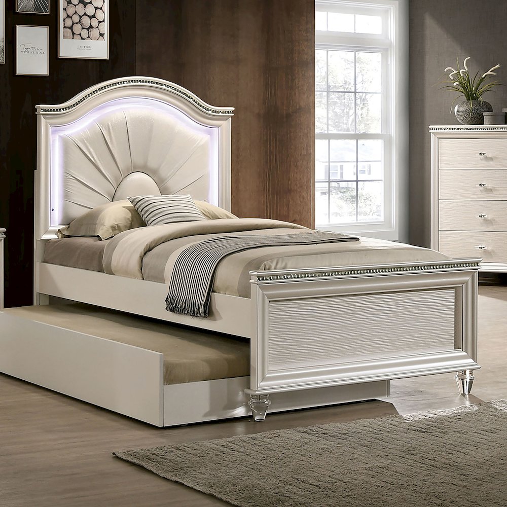 Bence Modern Solid Wood Kids Bed with LED, Pearl White. Picture 4