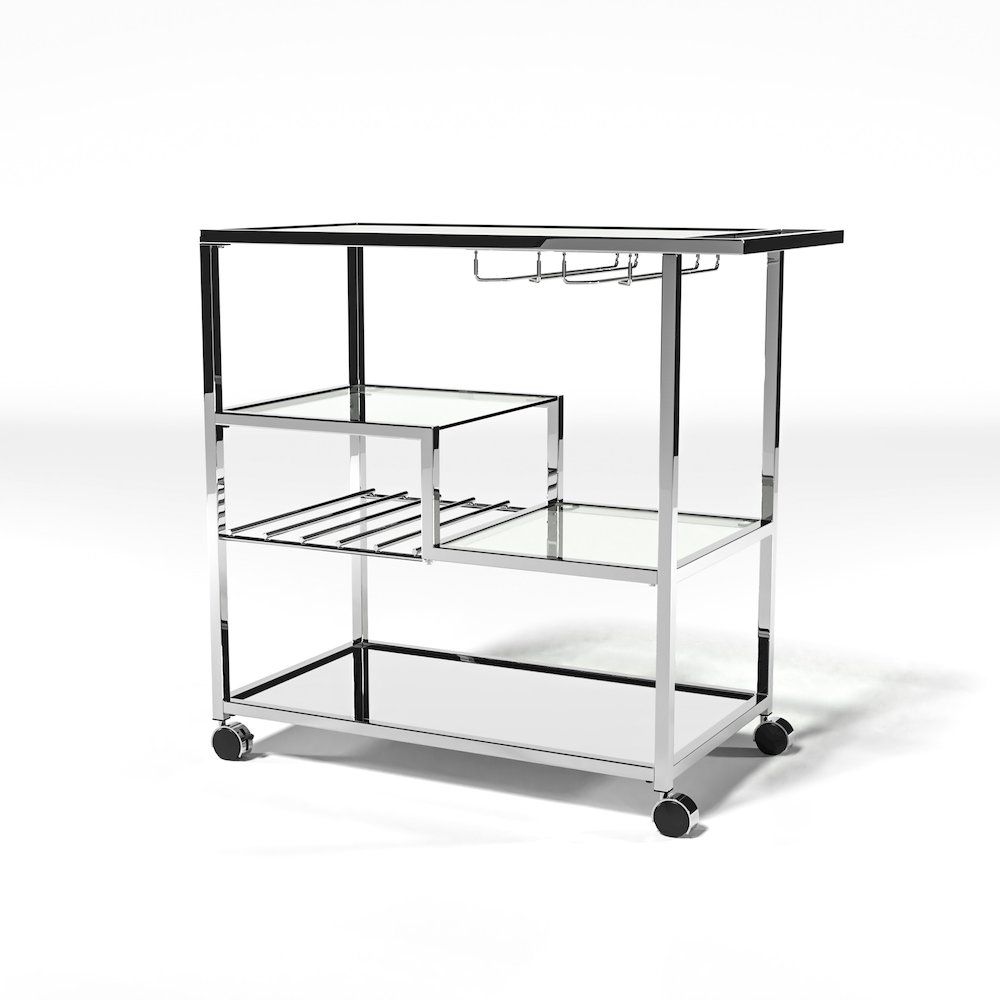 Kendra Contemporary Metal Bar Cart in Chrome. Picture 1