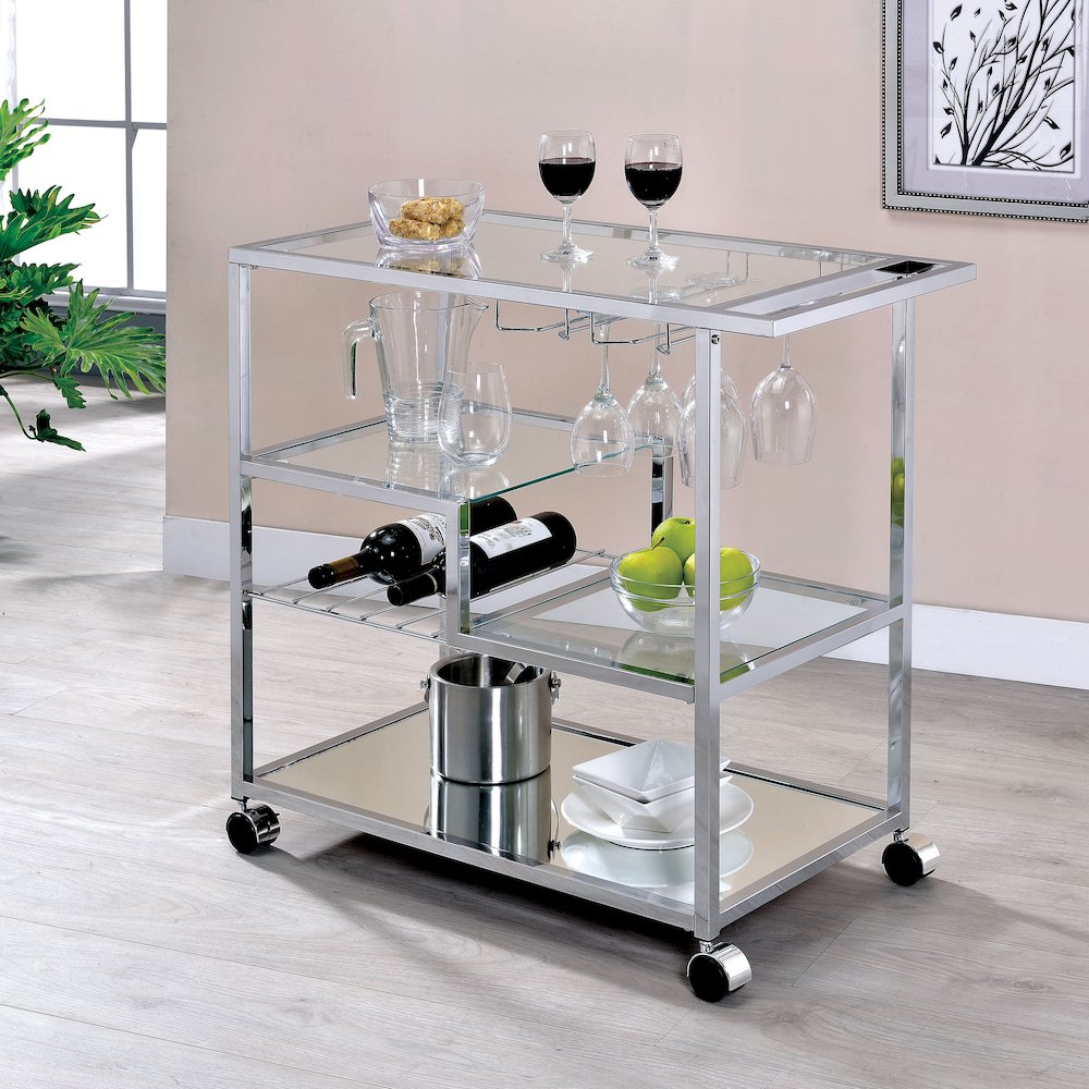 Kendra Contemporary Metal Bar Cart in Chrome. Picture 4