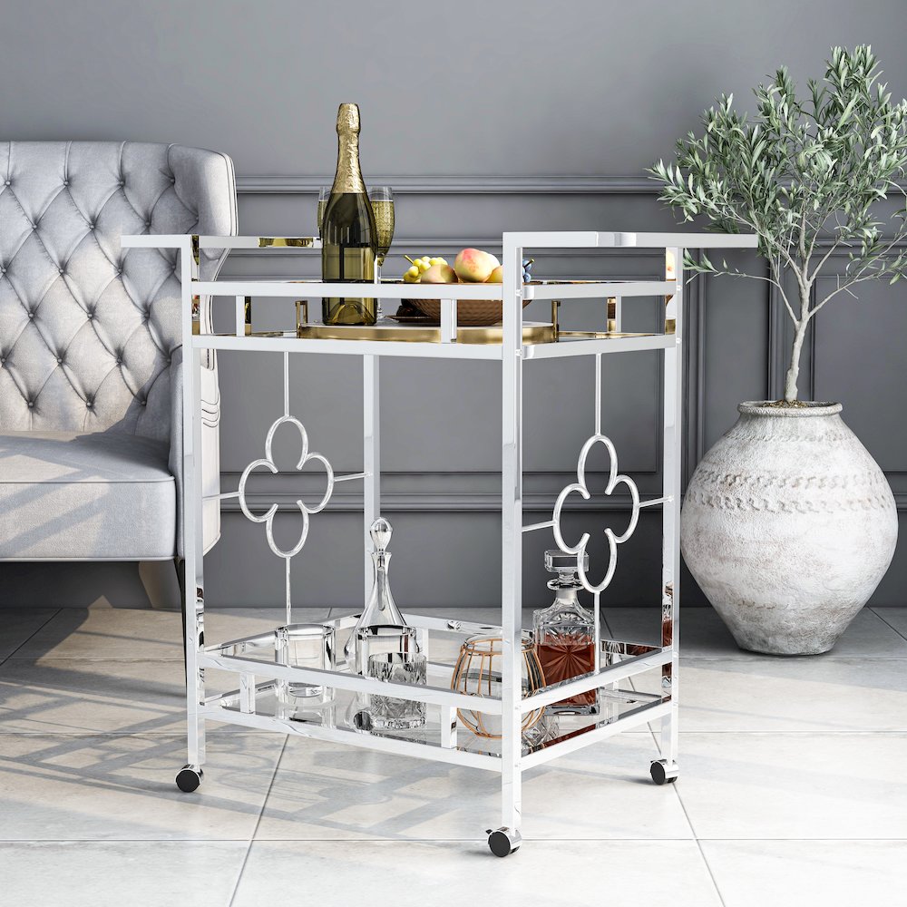 Olema Contemporary Metal 2-Shelf Serving Cart in Chrome. Picture 4