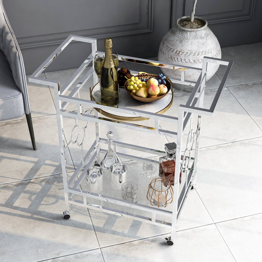 Olema Contemporary Metal 2-Shelf Serving Cart in Chrome. Picture 5