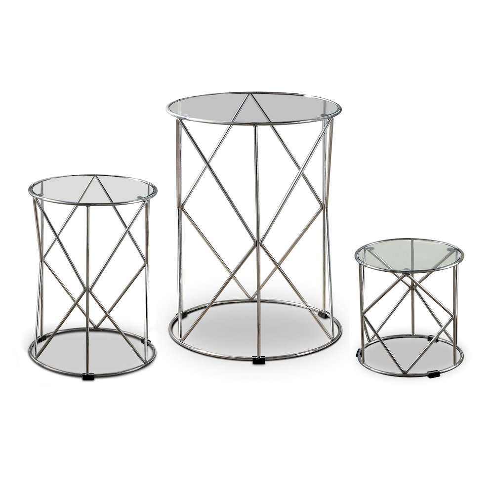Nikova Glass Top 3-Piece Nesting Table Set in Silver. Picture 1