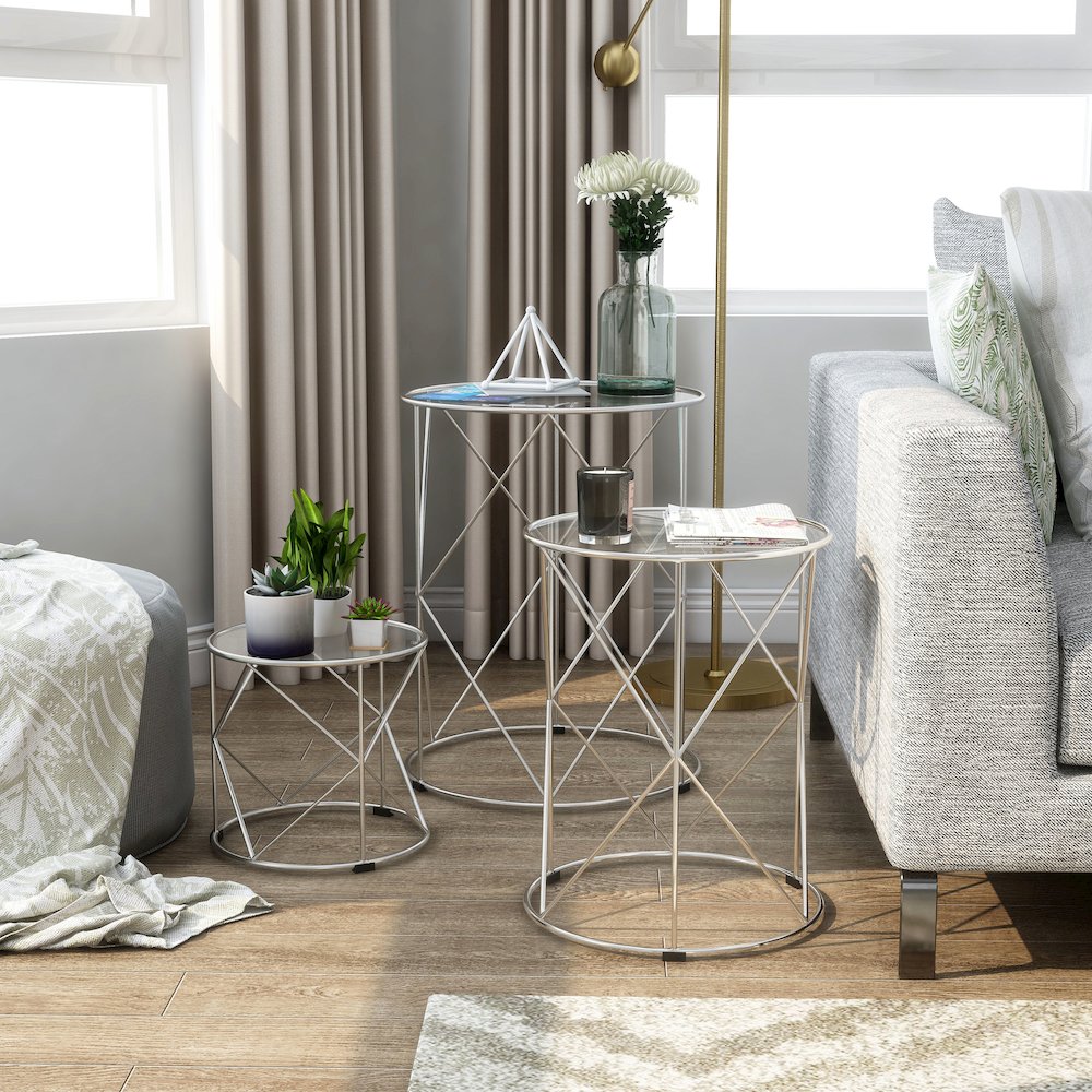 Nikova Glass Top 3-Piece Nesting Table Set in Silver. Picture 3