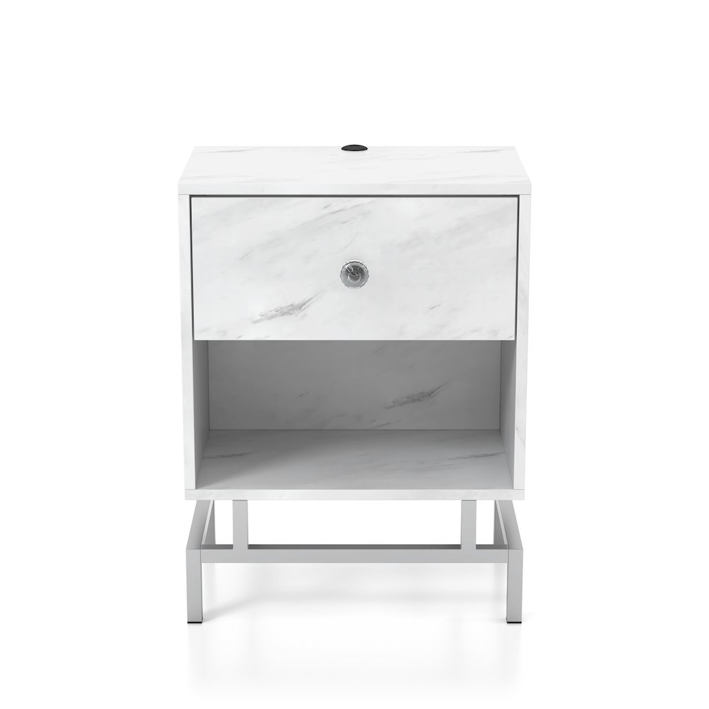 Lyn Contemporary Wood 1-Drawer End Table in White Marble. Picture 1