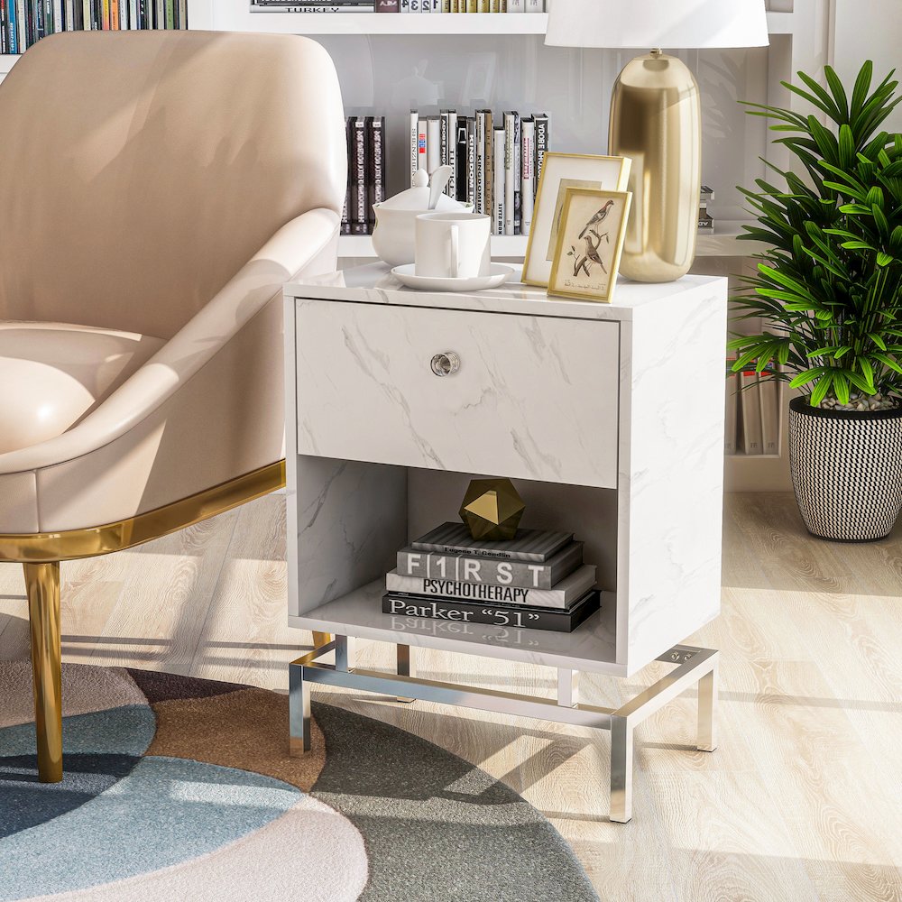 Lyn Contemporary Wood 1-Drawer End Table in White Marble. Picture 4