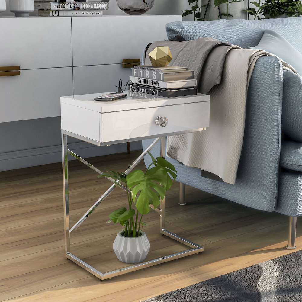 Kylie Modern Wood 1-Drawer End Table in Glossy White. Picture 4