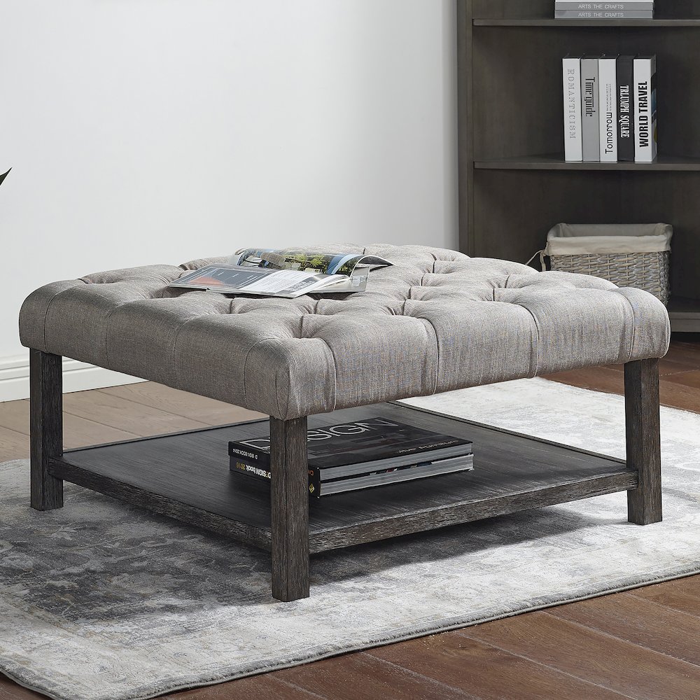 Hoylton Wood Ottoman in Antique Washed Gray and Light Gray. Picture 4