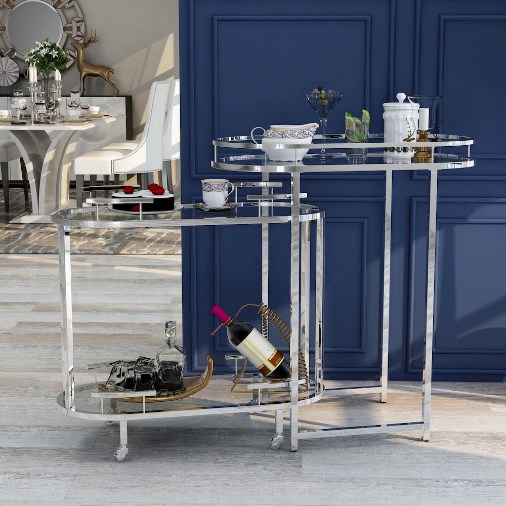 Noehmi Contemporary Metal 3-Tier Serving Cart in Chrome. Picture 4