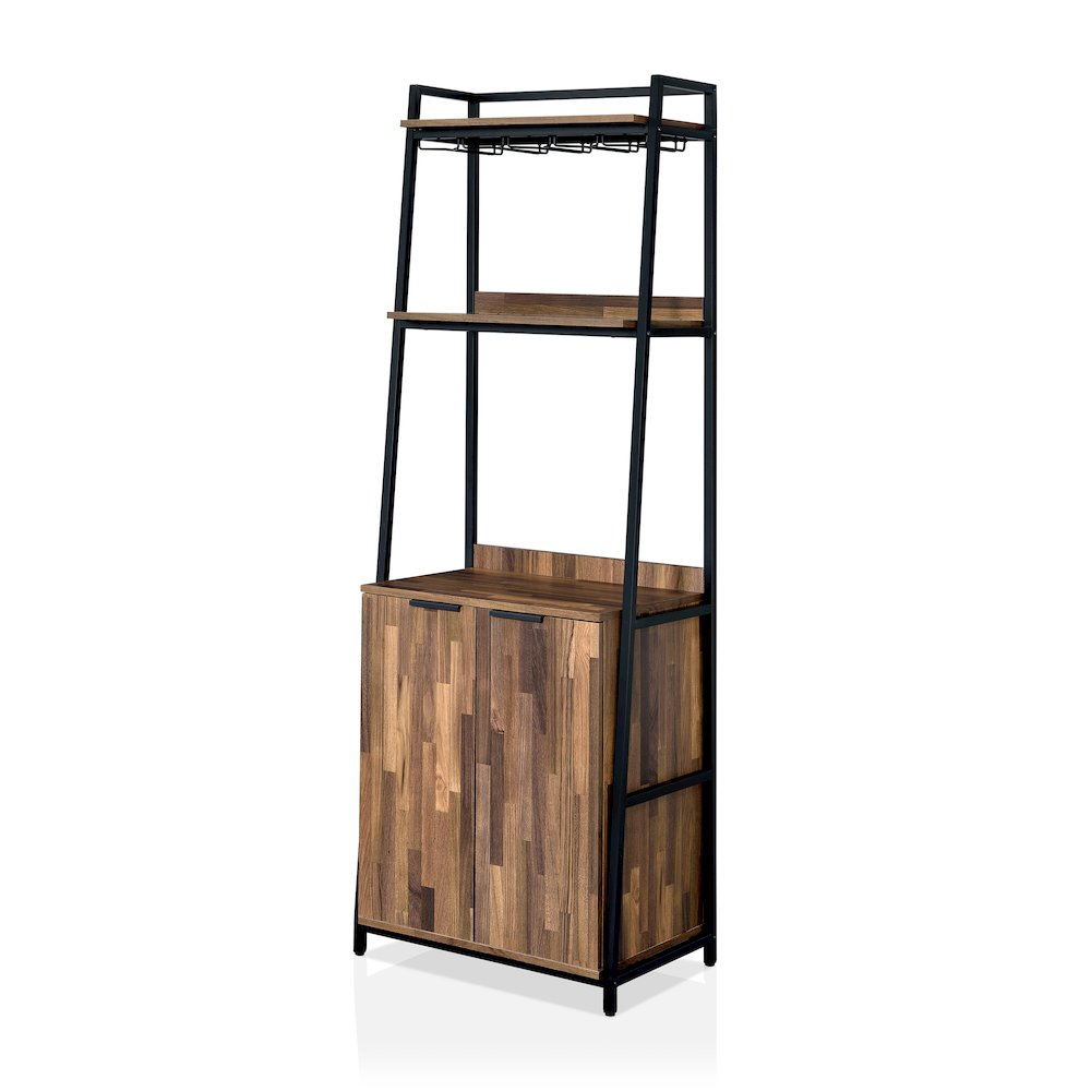 Bimme Rustic Metal 4-Shelf Wine Cabinet in Oak and Black. Picture 1