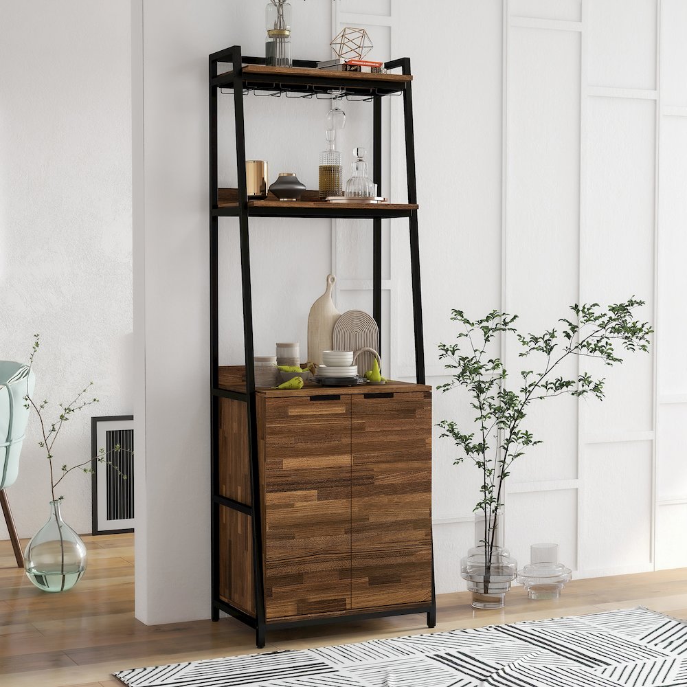 Bimme Rustic Metal 4-Shelf Wine Cabinet in Oak and Black. Picture 4
