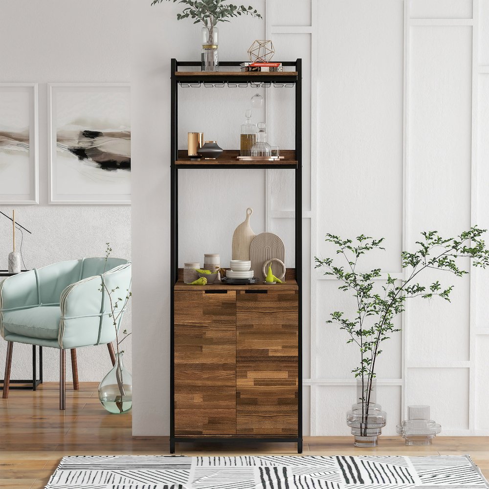 Bimme Rustic Metal 4-Shelf Wine Cabinet in Oak and Black. Picture 5