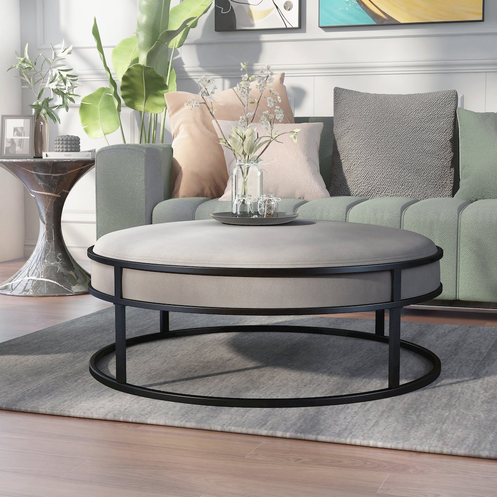 Olive Velvet Fabric 39" Wide Round Cocktail Ottoman. Picture 2