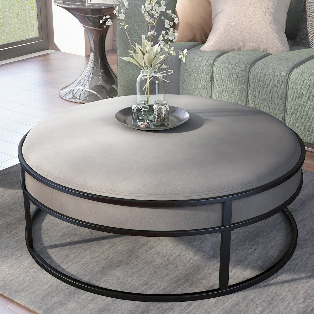 Olive Velvet Fabric 39" Wide Round Cocktail Ottoman. Picture 3