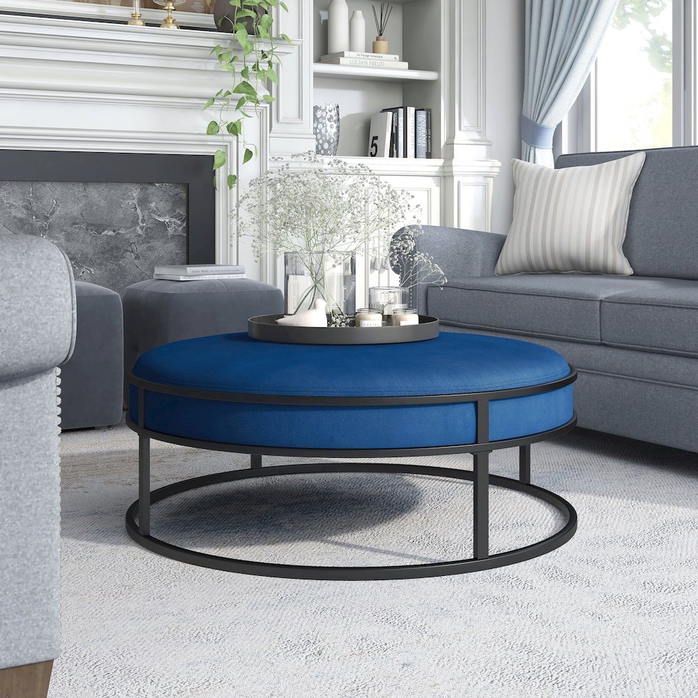Olive Velvet Fabric 39" Wide Round Cocktail Ottoman. Picture 3