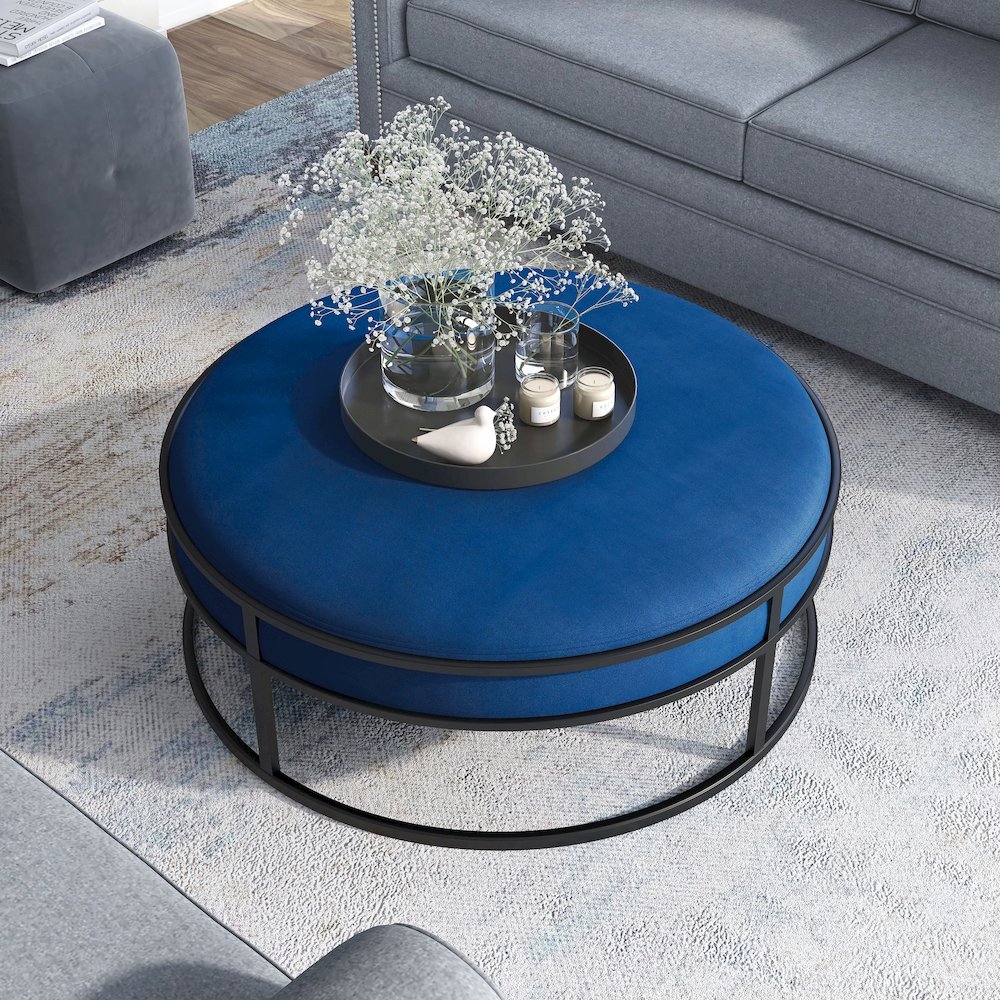 Olive Velvet Fabric 39" Wide Round Cocktail Ottoman. Picture 4
