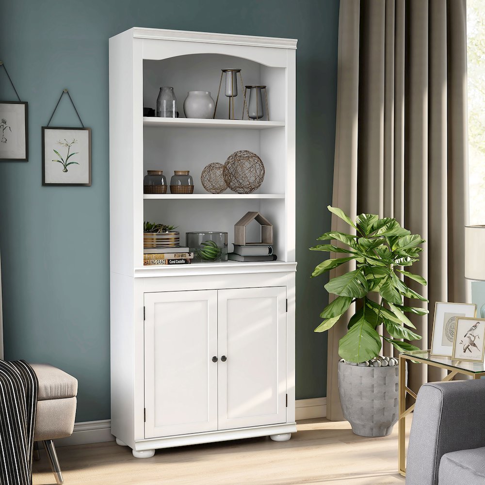 Lieux 3-Shelf Wood Adult Bookcase with 2-Door, Luminous White. Picture 4