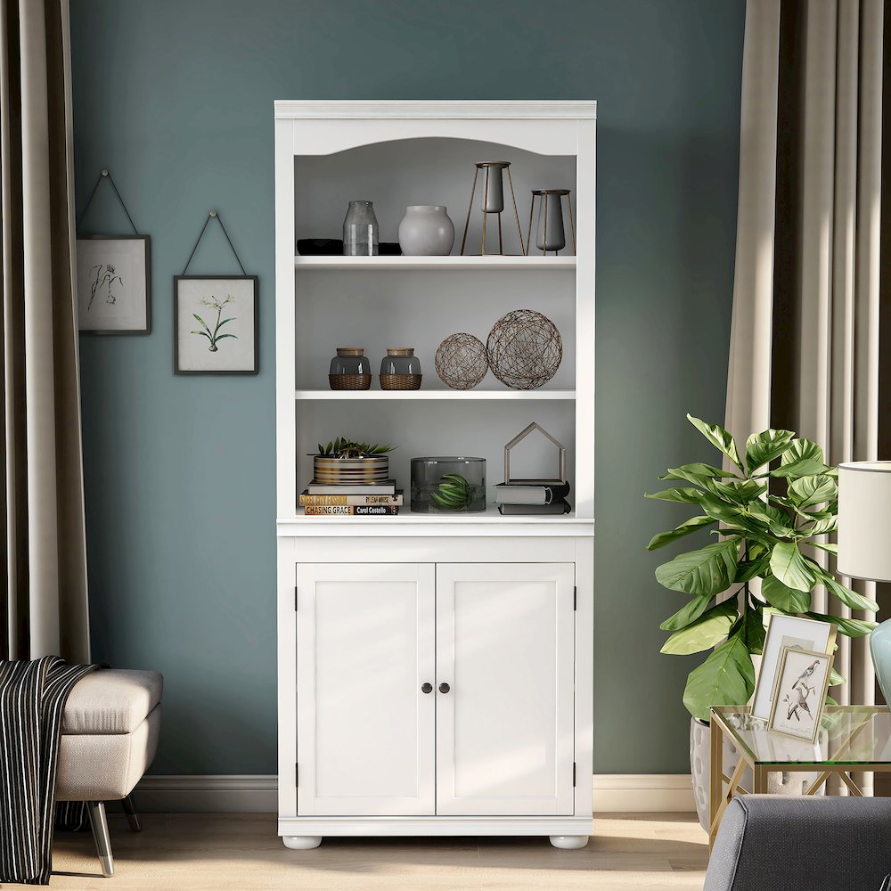 Lieux 3-Shelf Wood Adult Bookcase with 2-Door, Luminous White. Picture 5