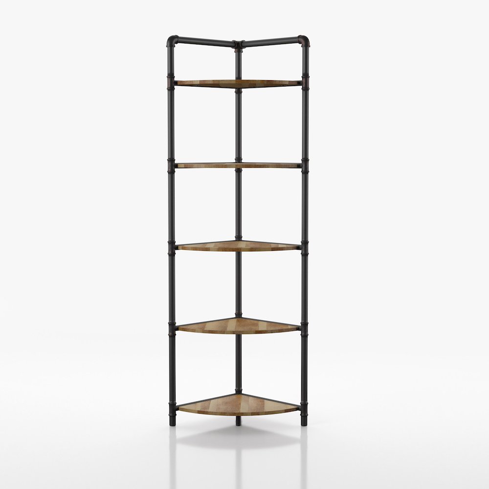 Harkey Industrial Wood 5-Tier Corner Bookcase in Sand Black. Picture 1