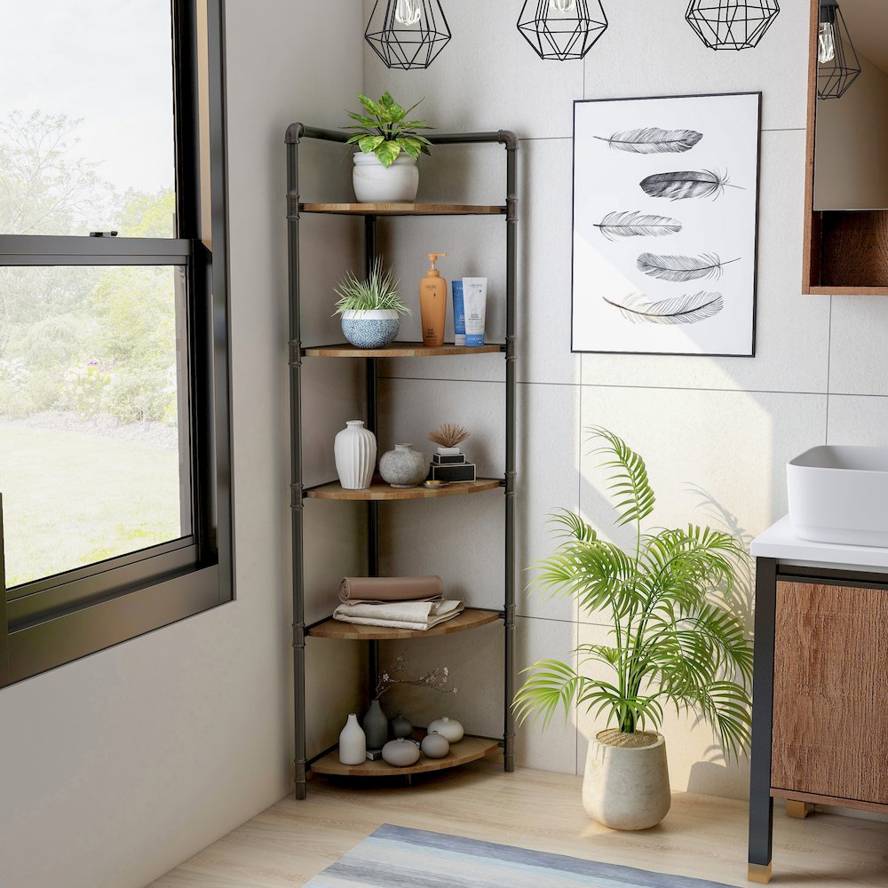 Harkey Industrial Wood 5-Tier Corner Bookcase in Sand Black. Picture 4