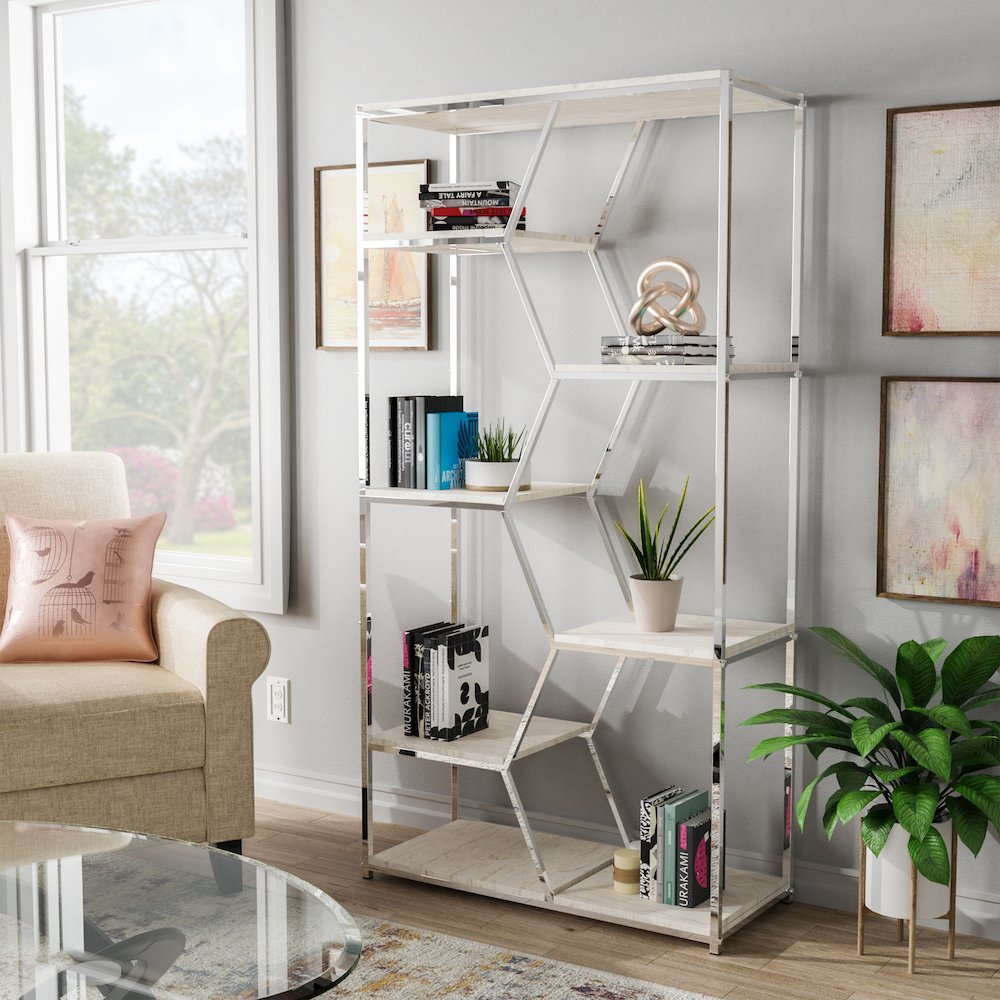 Hopple Metal 7-Shelf Bookcase in Chrome and White. Picture 4
