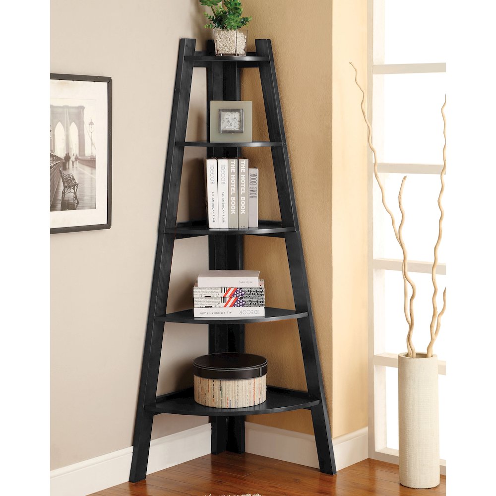 Lawler Contemporary Wood 5-Shelf Corner Bookcase in Black. Picture 3