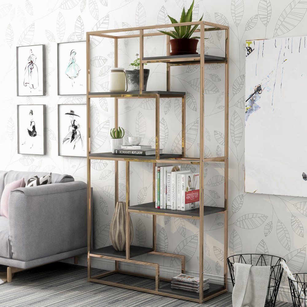 Jan Contemporary Metal 6-Shelf Bookcase in Gold Champagne. Picture 4