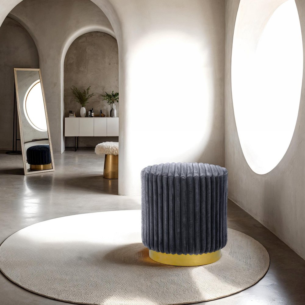 Vena Modern Upholstered Round Ottoman, Dark Grey and Gold. Picture 3