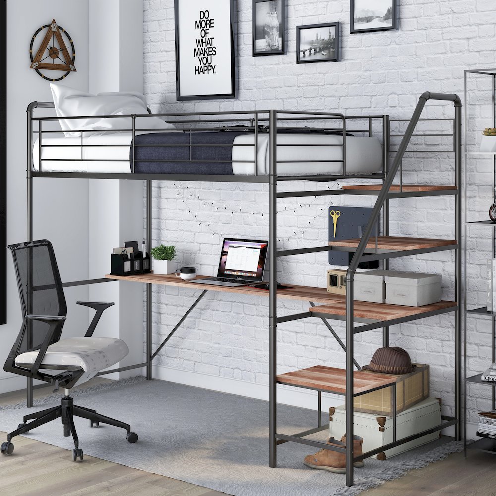 Pico Metal Twin Loft Bed with Workstation in Sand Black. Picture 3