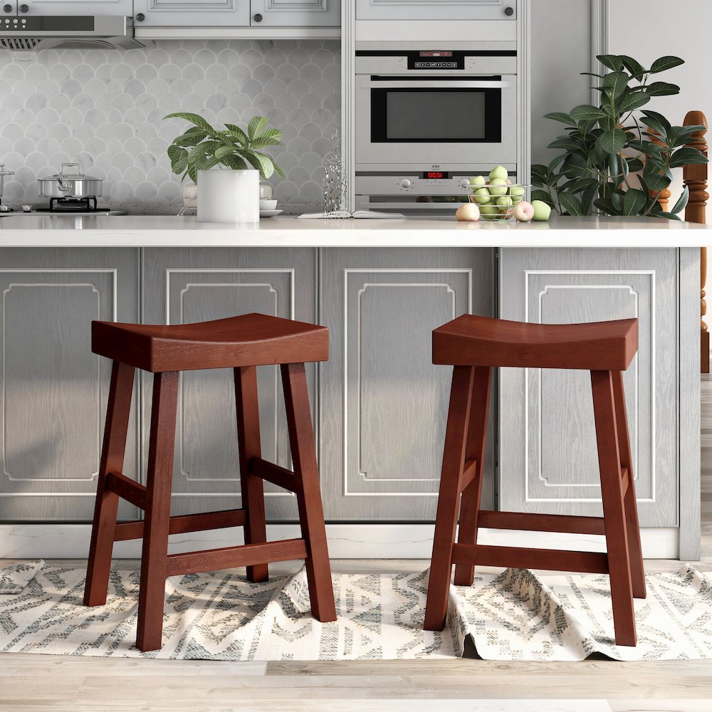 Epping Wood Saddle Stool in Dark Cherry (Set of 2). Picture 2